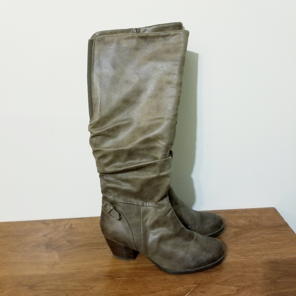 Baretraps Respect Brown Ruched Knee High Tall Women's Heel Boots Size 6 Boho